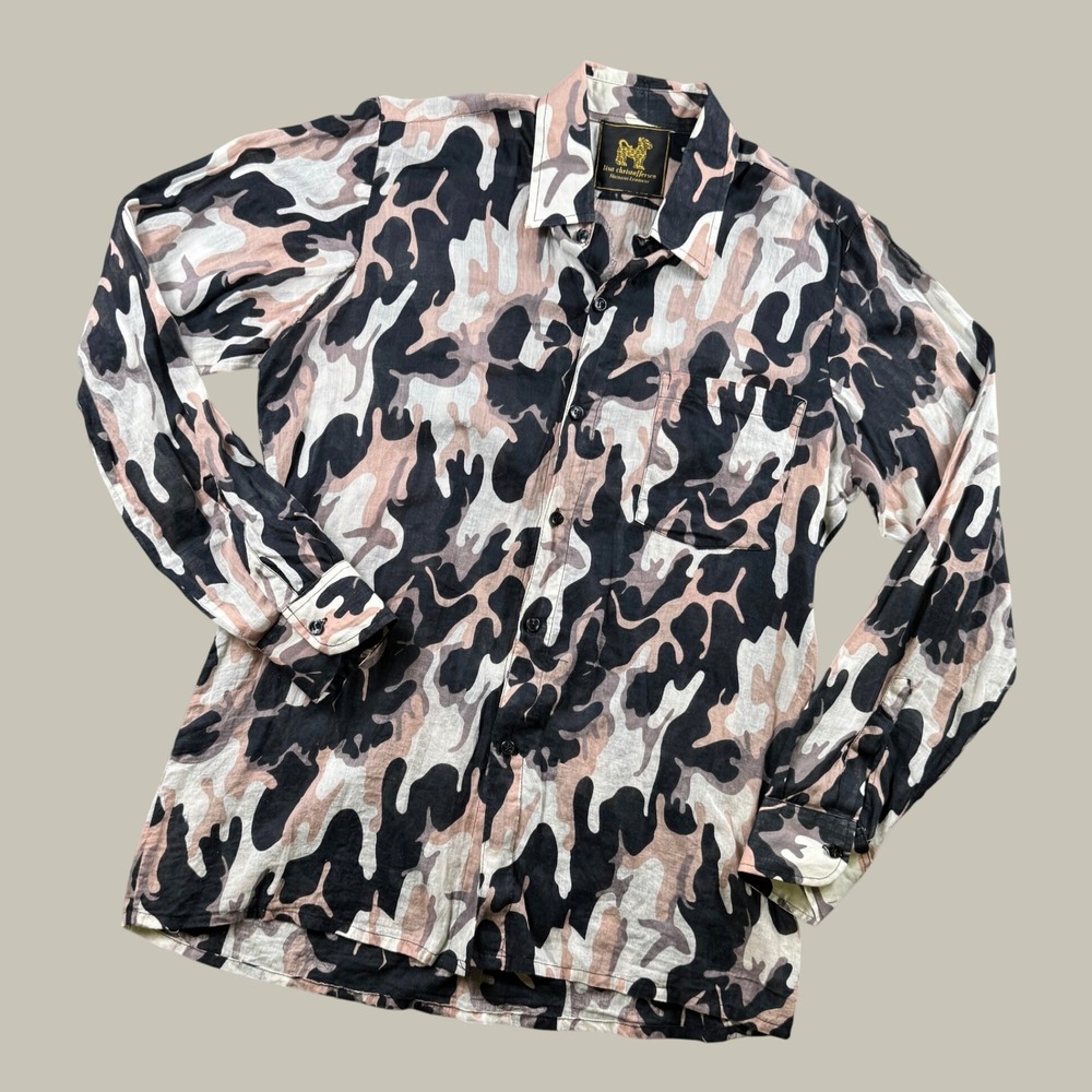 Lisa Christoffersen Linen Shirt Blouse Women Size M Safari Camo Abstract Resort